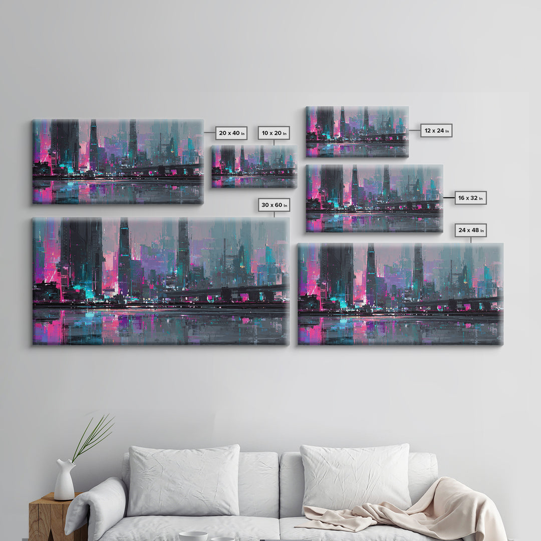Futuristic City Skyline Canvas Print, Cyberpunk Art, Cyberpunk 2077, Living Room Decor, Fine Art, Neon, Cyberpunk Decor, CYB-2x1-94