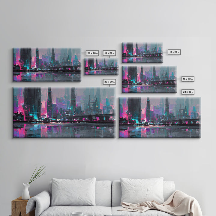 Futuristic City Skyline Canvas Print, Cyberpunk Art, Cyberpunk 2077, Living Room Decor, Fine Art, Neon, Cyberpunk Decor, CYB-2x1-94