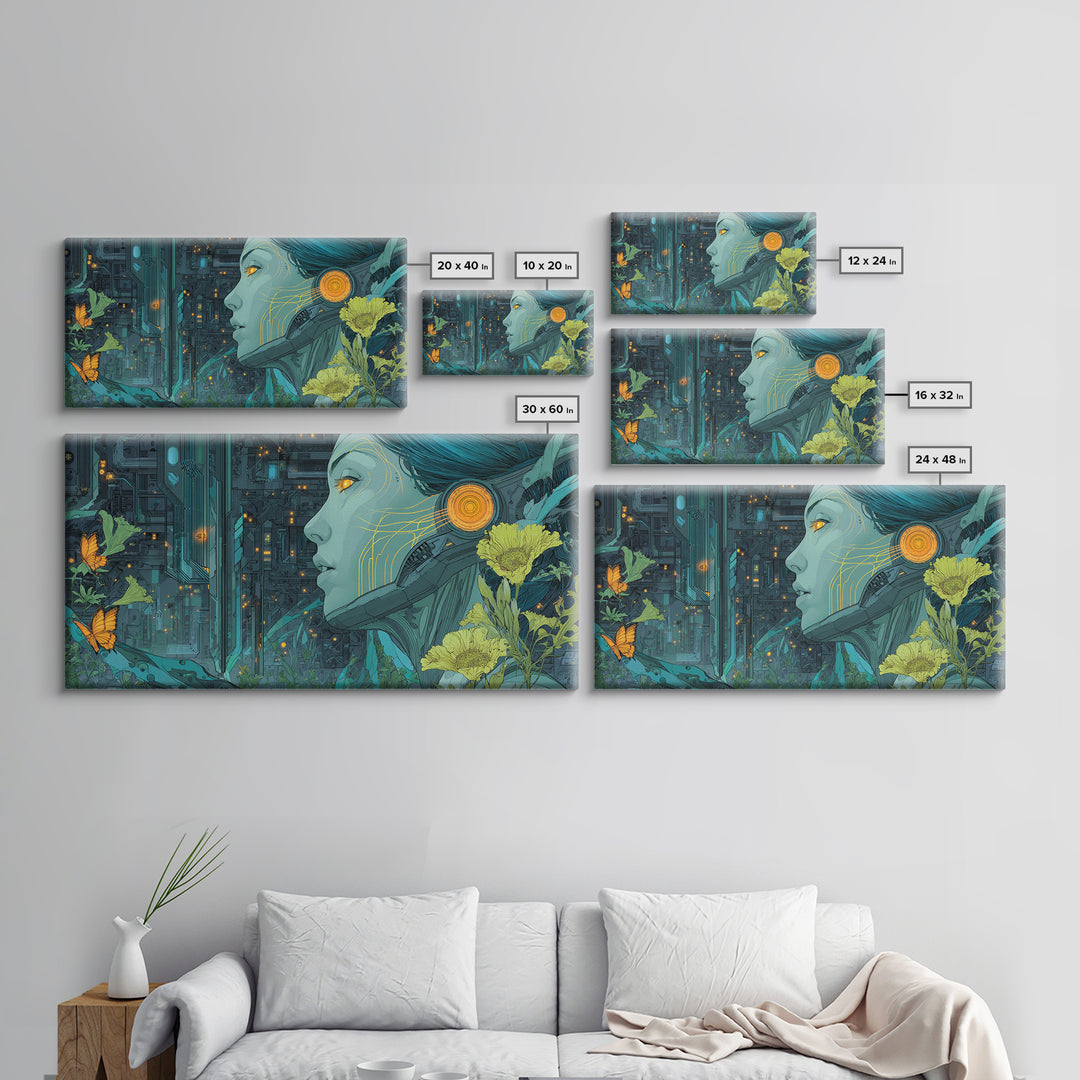 Android Woman with Glowing Circuitry and Flowers Canvas Print, Cyberpunk Art, Neutral Decor, Living Room Decor, Neon, CYB-2x1-95
