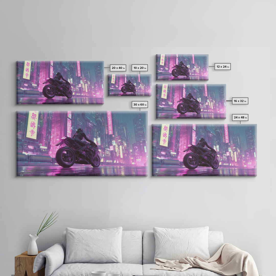 Motorcycle Rider under Holographic Signs Framed Canvas Print, Cyberpunk Art, Man Cave Decor, Living Room Decor, Fine Art, Neon, CYB-2x1-96