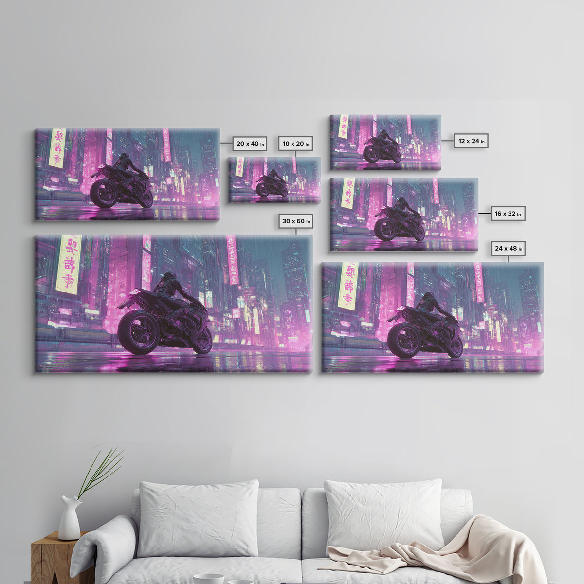 Motorcycle Rider under Holographic Signs Framed Canvas Print, Cyberpunk Art, Man Cave Decor, Living Room Decor, Fine Art, Neon, CYB-2x1-96