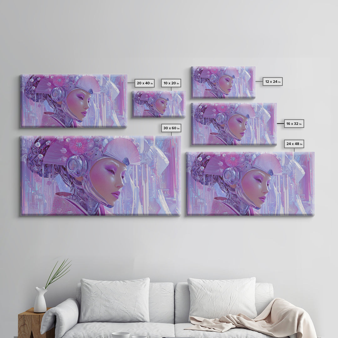 Robot Geisha Portrait Framed Canvas Print, Cyberpunk Art, Cool Wall Art, Living Room Decor, Fine Art, Neon, Gallery Decor, CYB-2x1-99