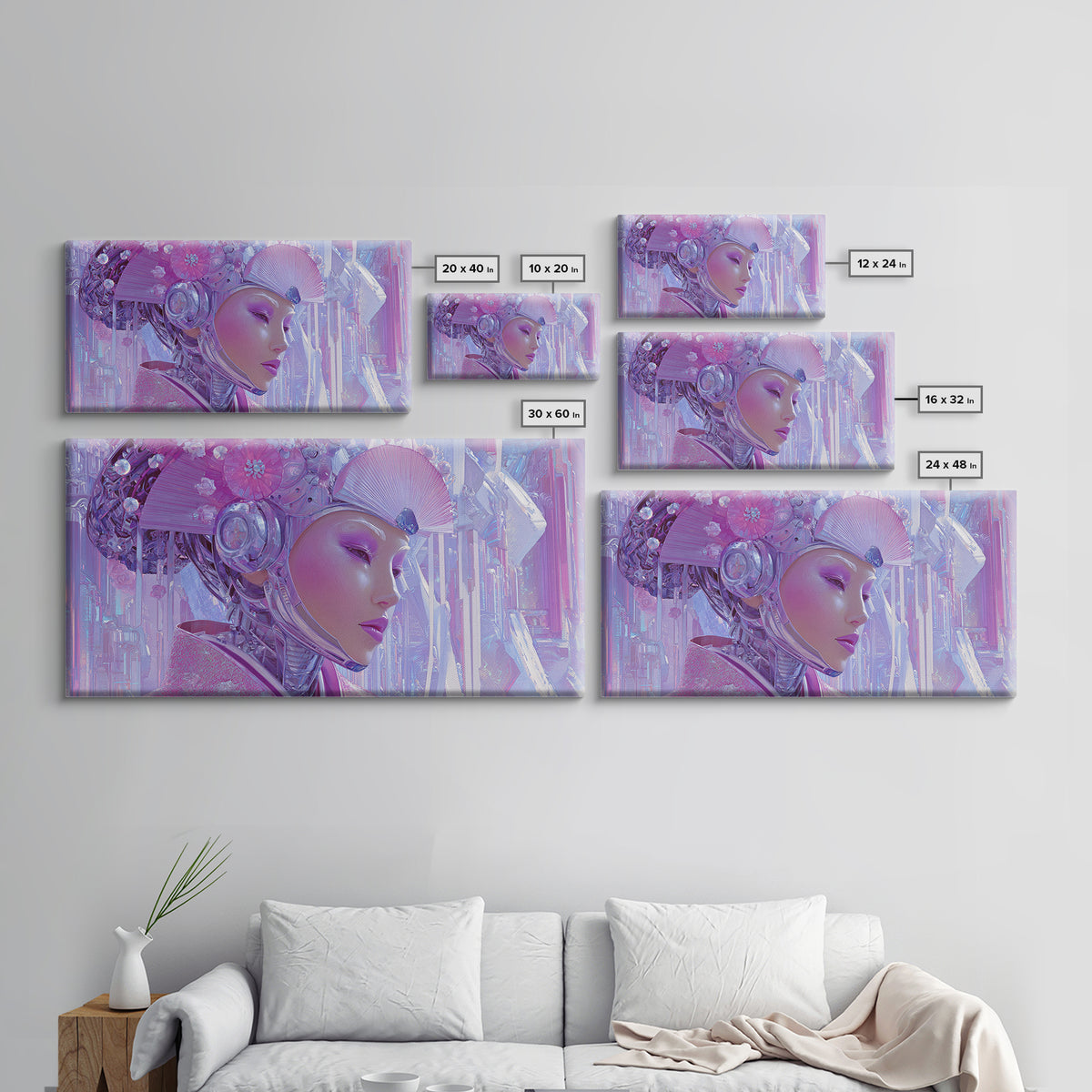 Robot Geisha Portrait Framed Canvas Print, Cyberpunk Art, Cool Wall Art, Living Room Decor, Fine Art, Neon, Gallery Decor, CYB-2x1-99