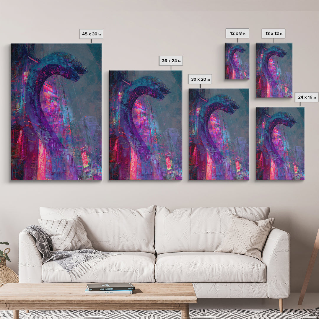 Neon Dragon Wrapped Around Skyscraper Shapes Framed Canvas Print, Cyberpunk Art, Poster, Living Room Decor, Fine Art, Neon, CYB-2x3-22