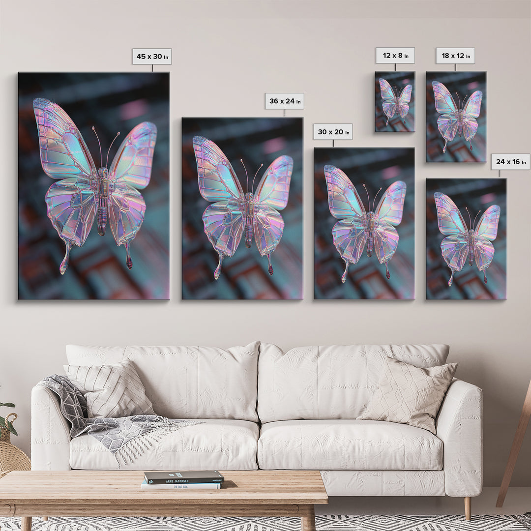 Holographic Butterfly over Black Metal Surface Canvas Print, Cyberpunk Art, Home Decor, Living Room Decor, Fine Art, Neon, CYB-2x3-27