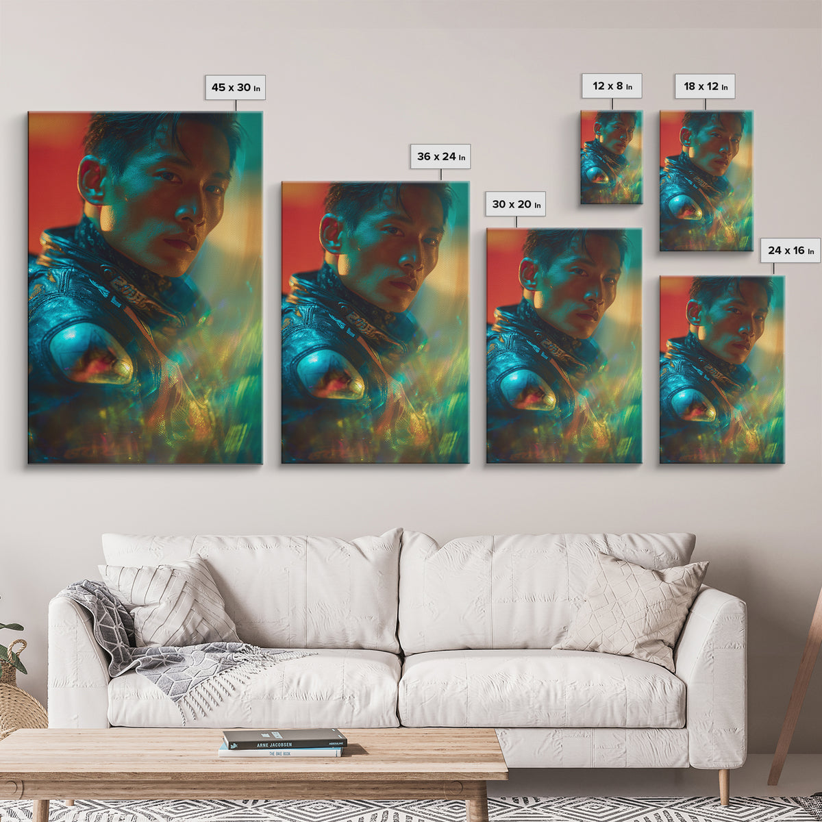 Motorcycle Rider under Holographic Signs Framed Canvas Print, Cyberpunk Art, Modern Wall Decor, Living Room Decor, Neon, CYB-2x3-36
