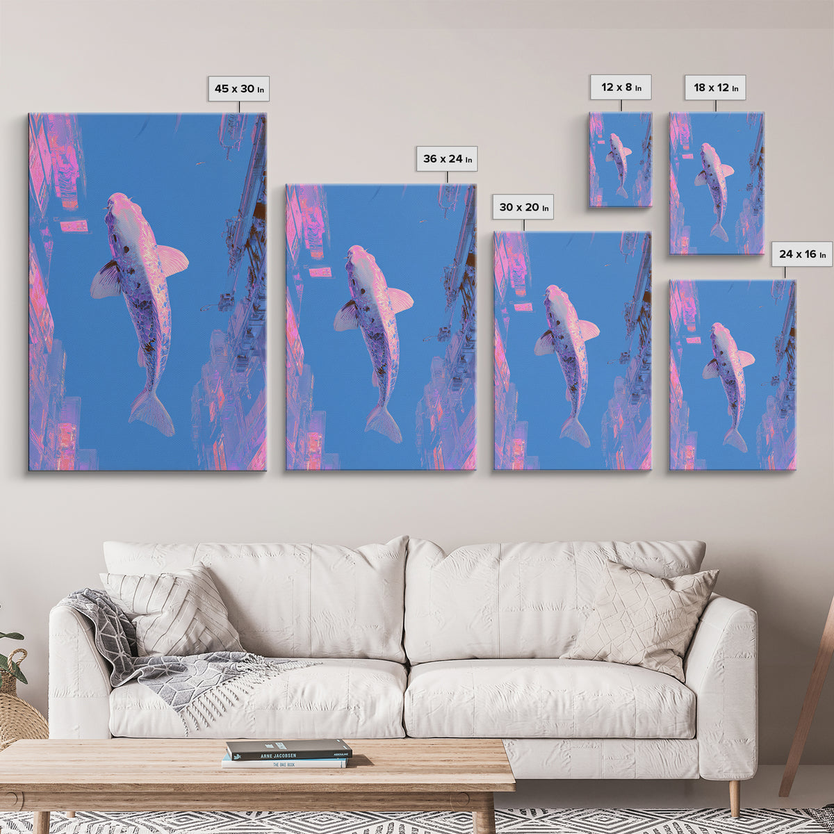 Cyberpunk Koi Swimming Through Electric Blue Water Framed Canvas Print, Cyberpunk Art, Movie Posters, Living Room Decor, Neon, CYB-2x3-37