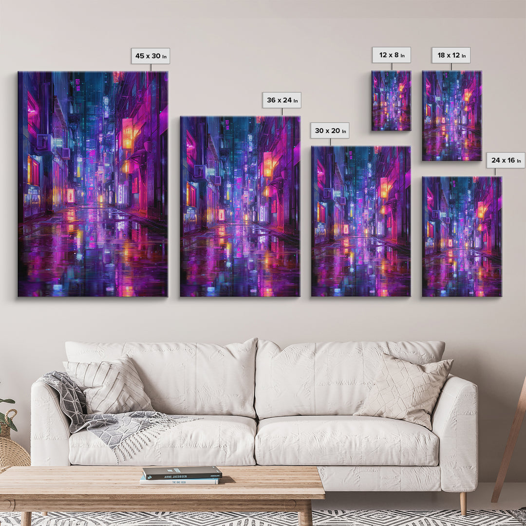 Rain Soaked Alley Canvas Print, Cyberpunk Art, Contemporary Art, Living Room Decor, Abstract Art, Neon, Canvas Wall Art, CYB-2x3-40