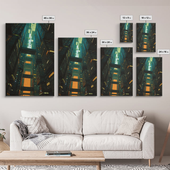 Retro Arcade Dystopia Framed Canvas Print, Cyberpunk Art, Living Room Decor, Watercolor Art, Neon, Japanese Wall Art, CYB-2x3-42