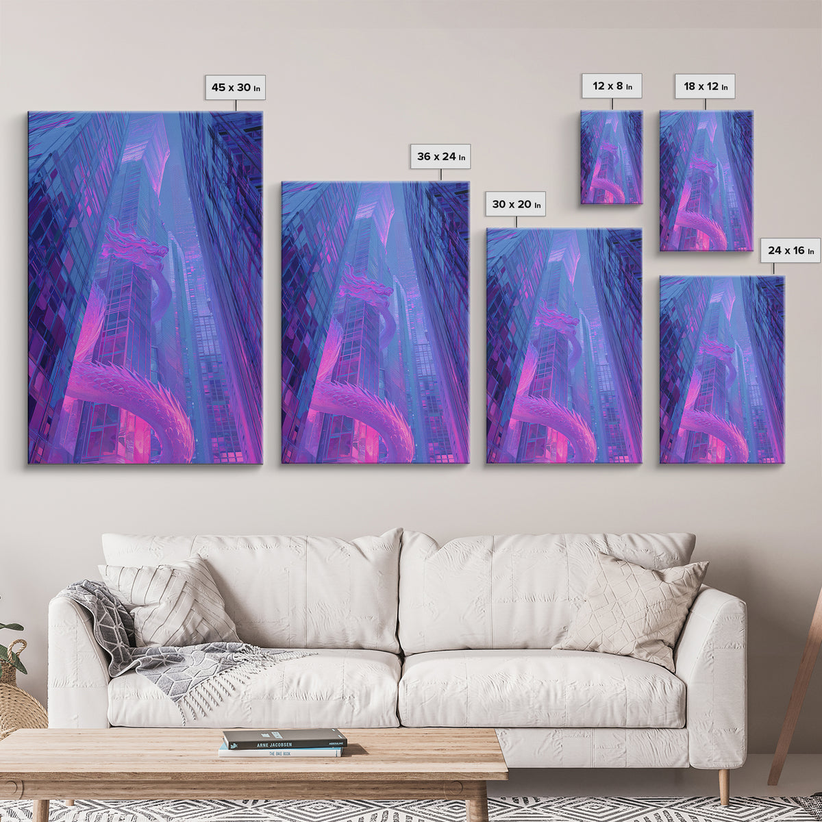 Neon Dragon Wrapped Around Skyscraper Shapes Framed Canvas Print, Cyberpunk Art, Poster, Living Room Decor, Fine Art, Neon, CYB-2x3-46