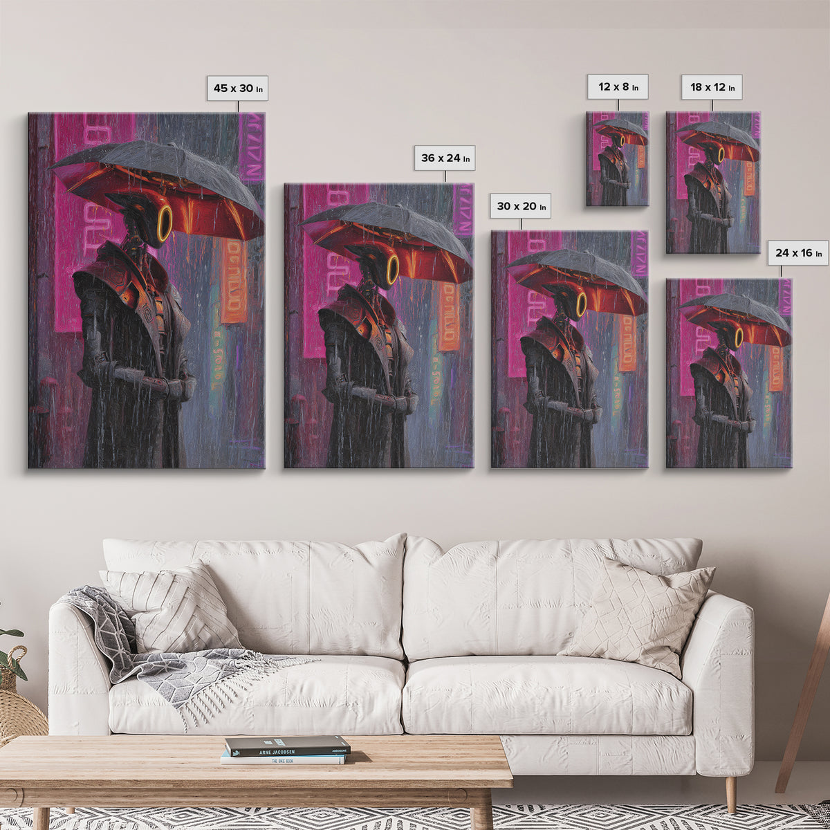 Glowing Umbrella Figure Framed Canvas Print, Cyberpunk Art, Canvas Wall Art, Living Room Decor, Fine Art, Neon, Space Art, CYB-2x3-47