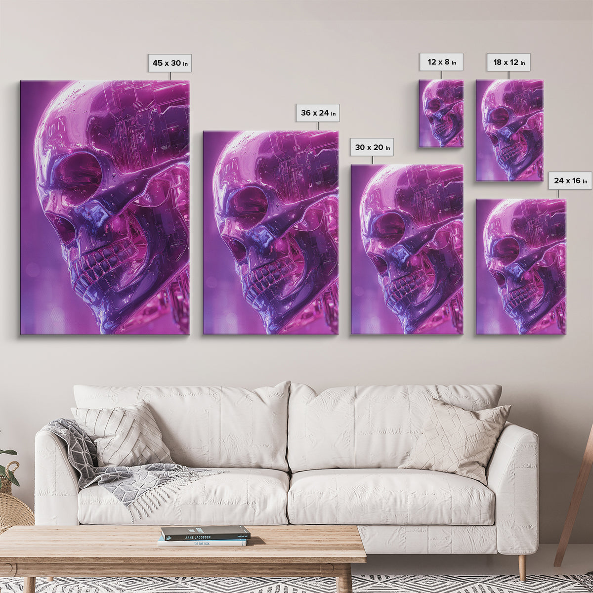 Cyberpunk Skull with Chrome and Violet Light Framed Canvas Print, Cyberpunk Art, Poster, Living Room Decor, Fine Art, Neon, CYB-2x3-52