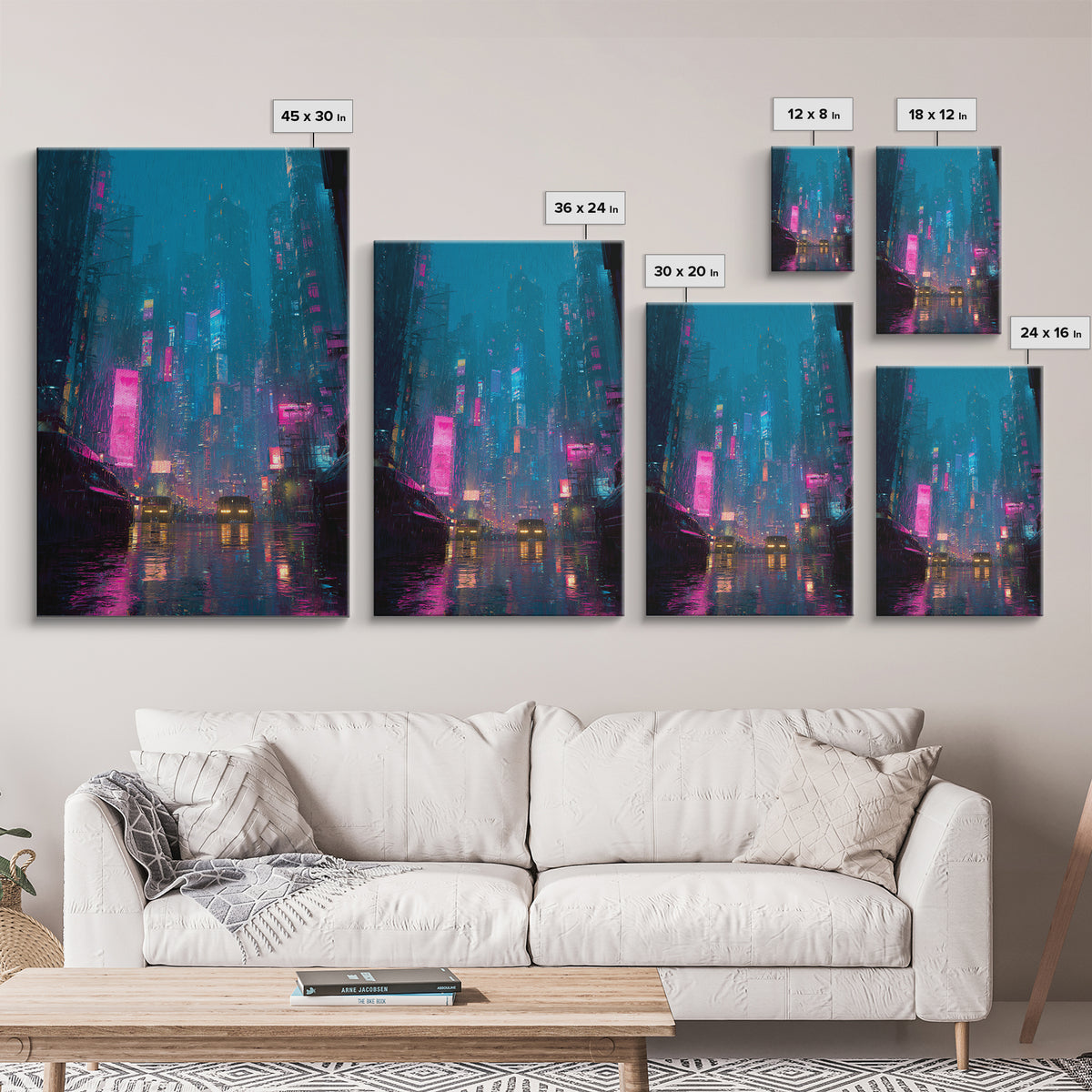 Futuristic City Skyline Canvas Print, Cyberpunk Art, Movie Posters, Living Room Decor, Abstract Art, Neon, Cyberpunk Jacket, CYB-2x3-58