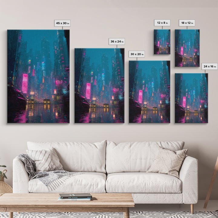 Futuristic City Skyline Canvas Print, Cyberpunk Art, Movie Posters, Living Room Decor, Abstract Art, Neon, Cyberpunk Jacket, CYB-2x3-58