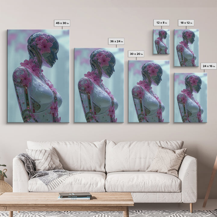Android Woman with Glowing Circuitry and Flowers Canvas Print, Cyberpunk Art, Modern Wall Art, Living Room Decor, Neon, CYB-2x3-59