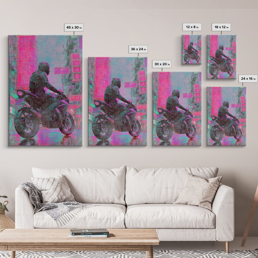 Motorcycle Rider under Holographic Signs Framed Canvas Print, Cyberpunk Art, Gothic Decor, Living Room Decor, Fine Art, Neon, CYB-2x3-60