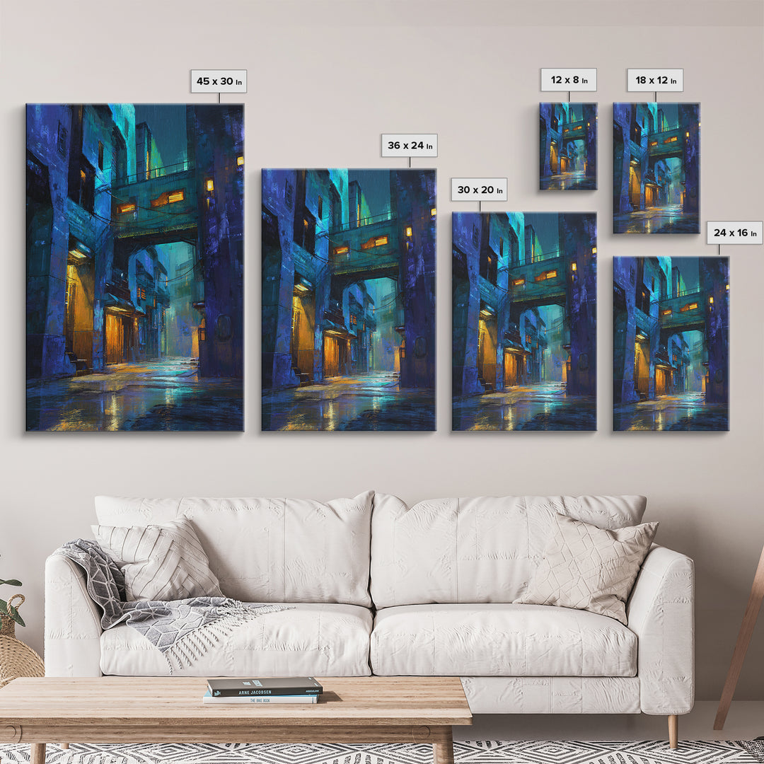 Rain Soaked Alley Framed Canvas Print, Cyberpunk Art, Art Print, Living Room Decor, Abstract Art, Neon, Blue Wall Art, CYB-2x3-64