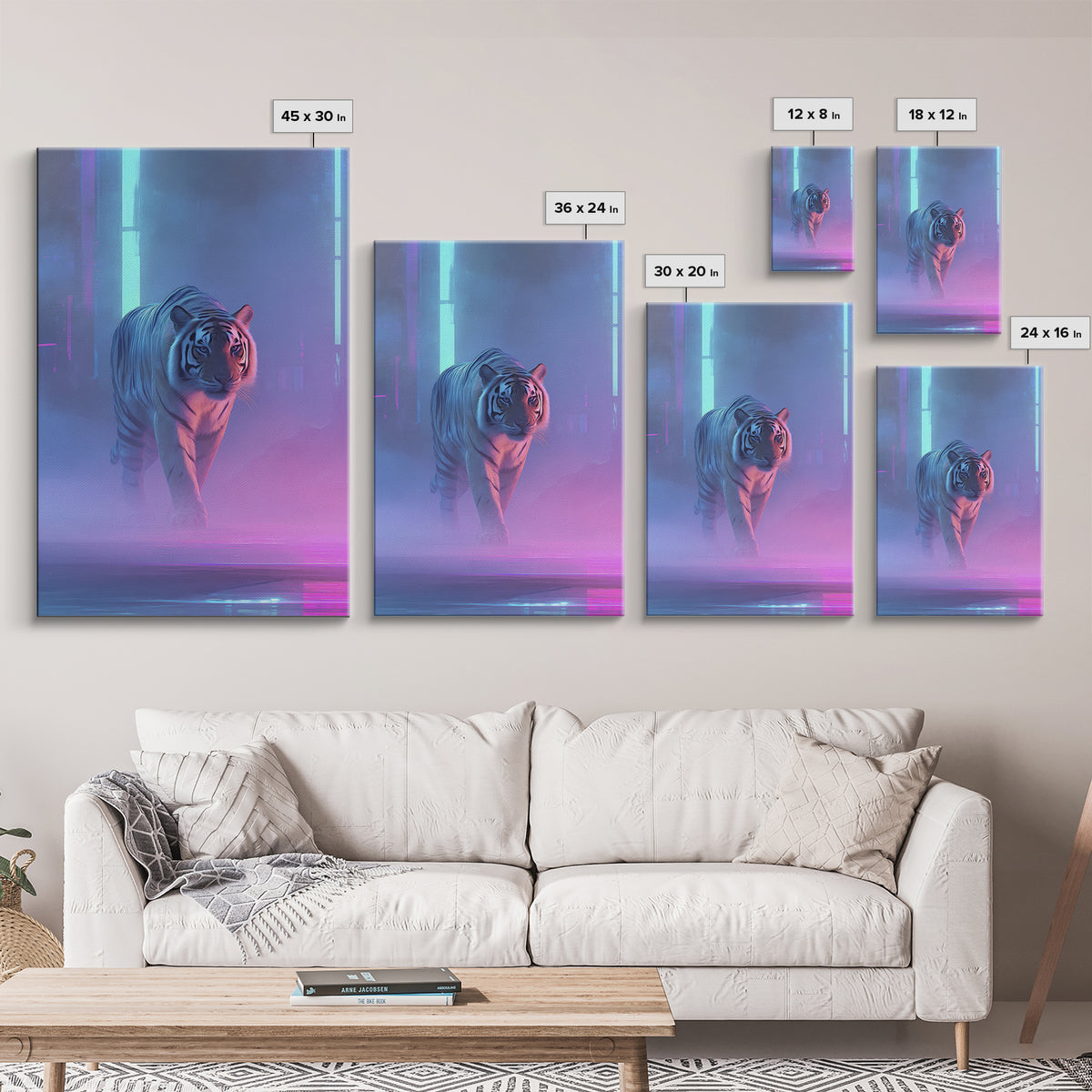 Neon Tiger Emerging from Digital Fog Canvas Print, Cyberpunk Art, Blue Wall Art, Living Room Decor, Neon, Modern Wall Decor, CYB-2x3-65