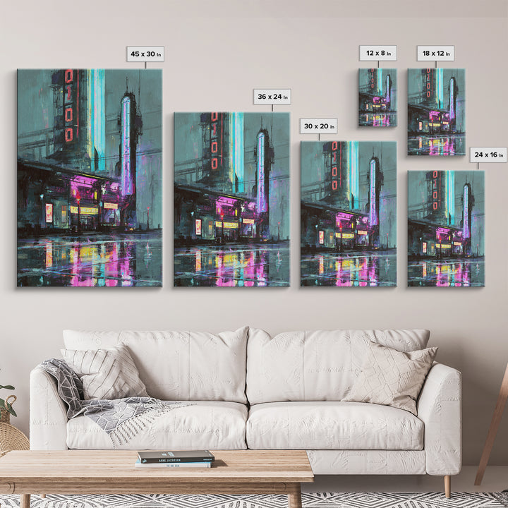 Retro Arcade Dystopia Canvas Print, Cyberpunk Art, Living Room Decor, Oil Painting, Neon, Digital Download Art, CYB-2x3-66