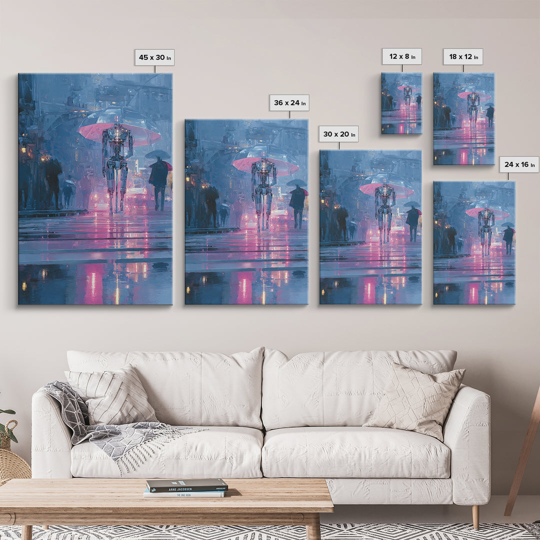 Glowing Umbrella Figure Canvas Print, Cyberpunk Art, Blue Wall Art, Living Room Decor, Fine Art, Neon, Modern Wall Decor, CYB-2x3-71