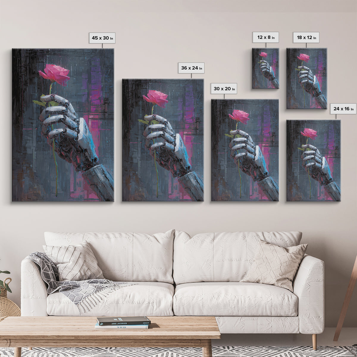 Robotic Hand Holding a Real Rose Canvas Print, Cyberpunk Art, Printable Wall Art, Living Room Decor, Oil Painting, Neon, CYB-2x3-72