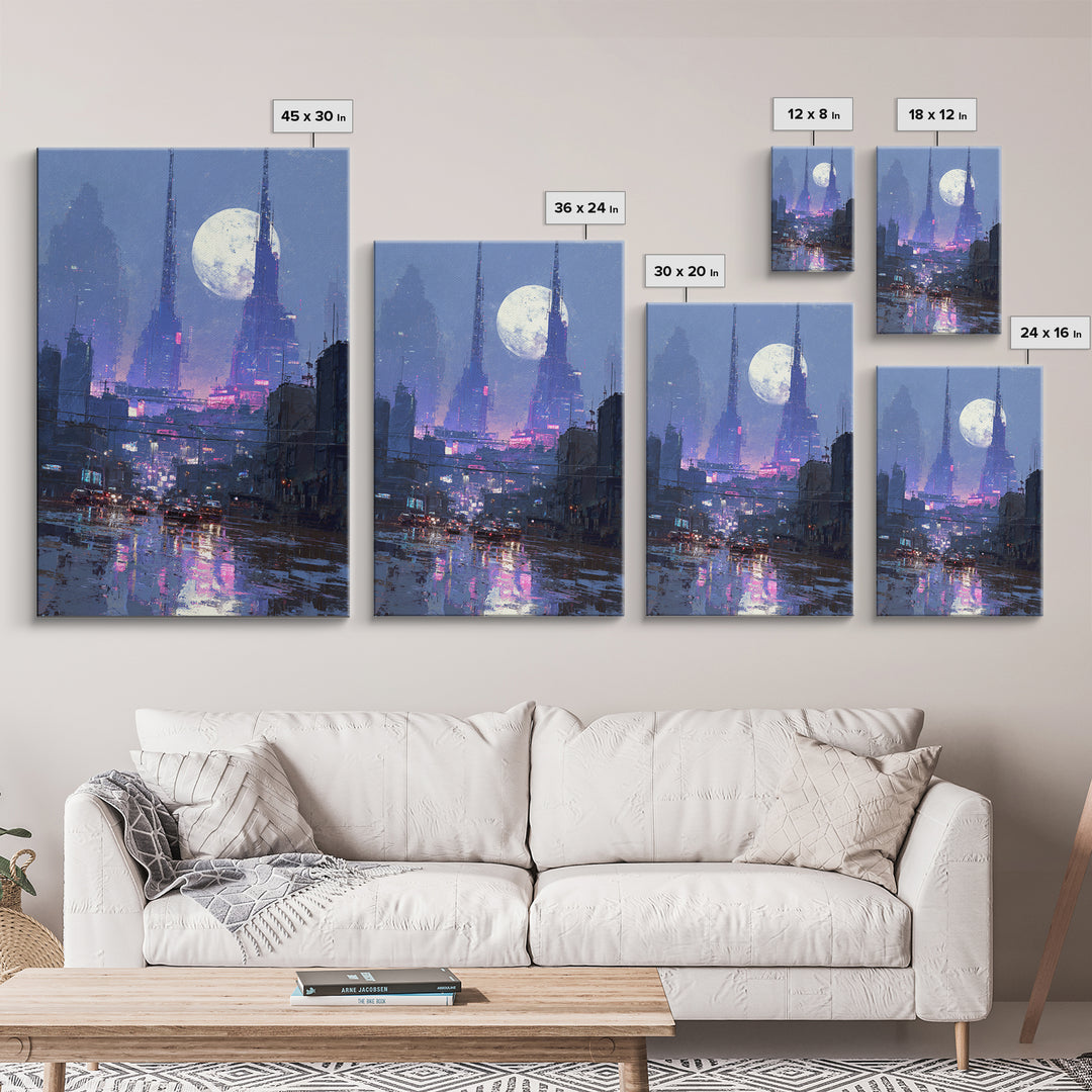 Dystopian Moon over Dense Rooftops Framed Canvas Print, Cyberpunk Art, Digital Wall Art, Living Room Decor, Watercolor Art, CYB-2x3-74