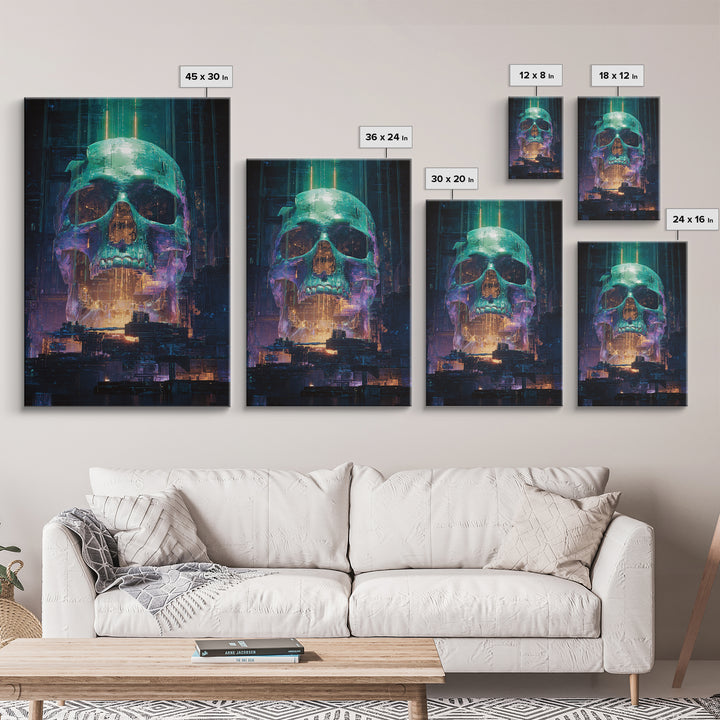 Cyberpunk Skull with Chrome and Violet Light Framed Canvas Print, Cyberpunk Art, Urban Wall Art, Living Room Decor, Neon, CYB-2x3-76