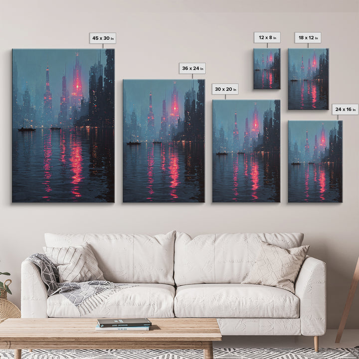 Neon Skyline Reflected Framed Canvas Print, Cyberpunk Art, Gothic Decor, Living Room Decor, Abstract Art, Neon, CYB-2x3-78