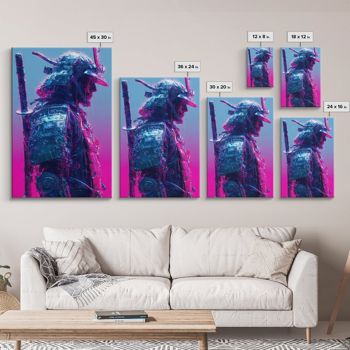 Neon Samurai Portrait Canvas Print, Cyberpunk Art, Man Cave Decor, Living Room Decor, Fine Art, Neon, Fine Art Print, CYB-2x3-81