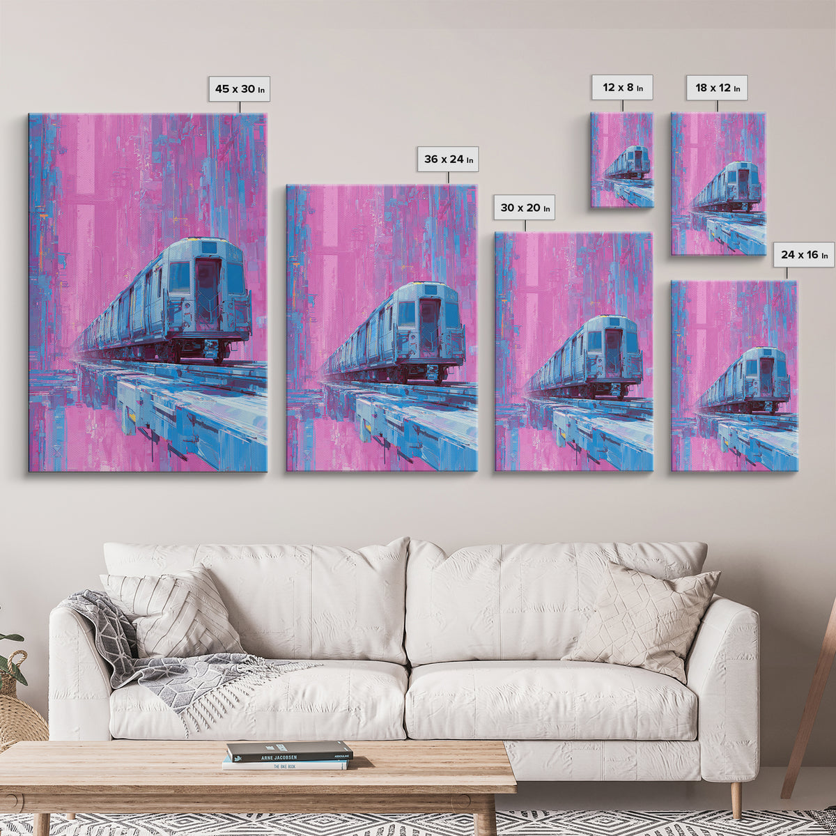 City Train Rushing Through Pink Electric Haze Framed Canvas Print, Cyberpunk Art, Cool Wall Art, Living Room Decor, Neon, CYB-2x3-93