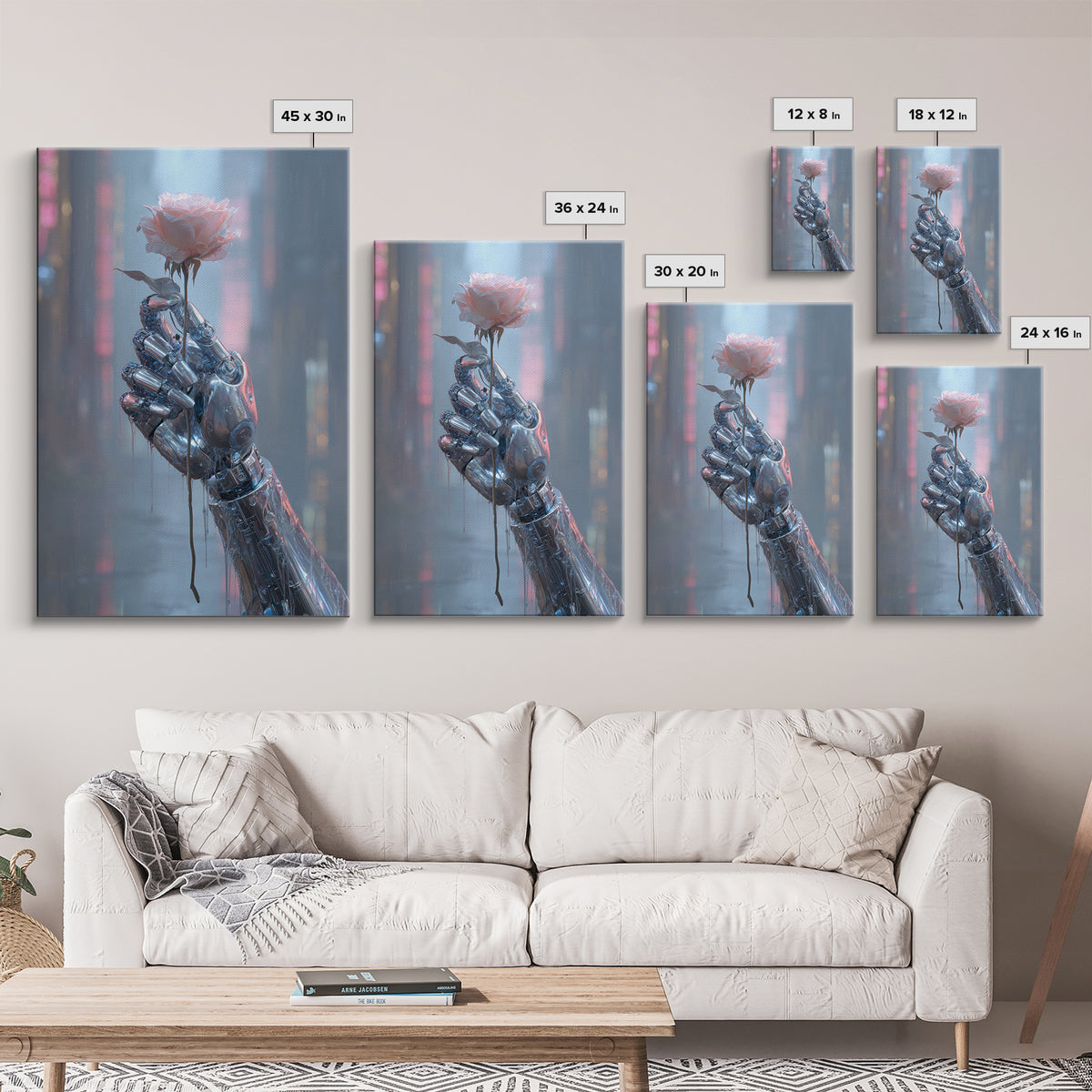 Robotic Hand Holding a Real Rose Canvas Print, Cyberpunk Art, Cool Wall Art, Living Room Decor, Fine Art, Neon, Gallery Decor, CYB-2x3-96
