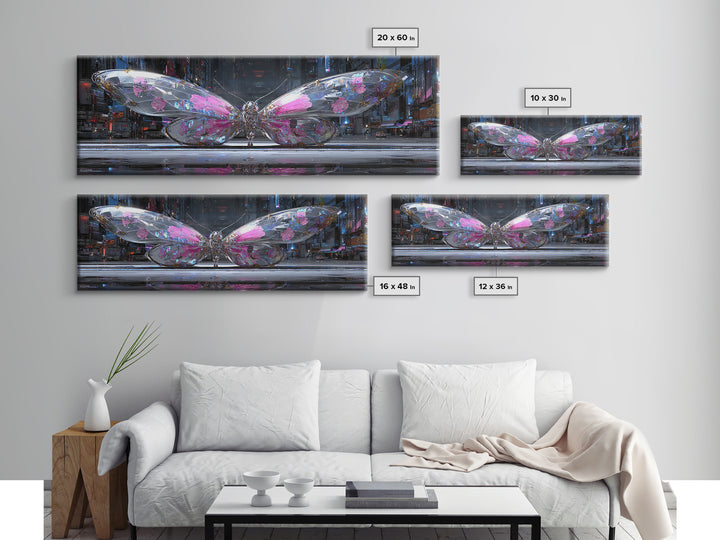 Holographic Butterfly over Black Metal Surface Canvas Print, Cyberpunk Art, Modern Wall Decor, Living Room Decor, Neon, CYB-3x1-11