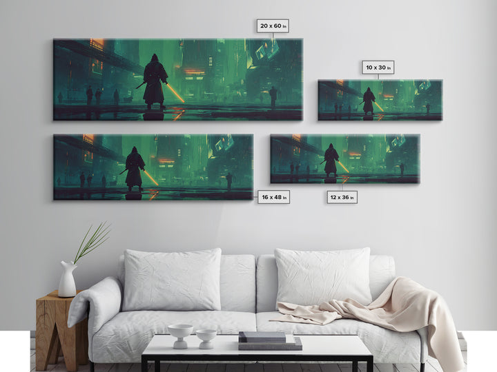 Neon Samurai Portrait Framed Canvas Print, Cyberpunk Art, Space Art, Living Room Decor, Oil Painting, Neon, Cyberpunk Wall Art, CYB-3x1-17