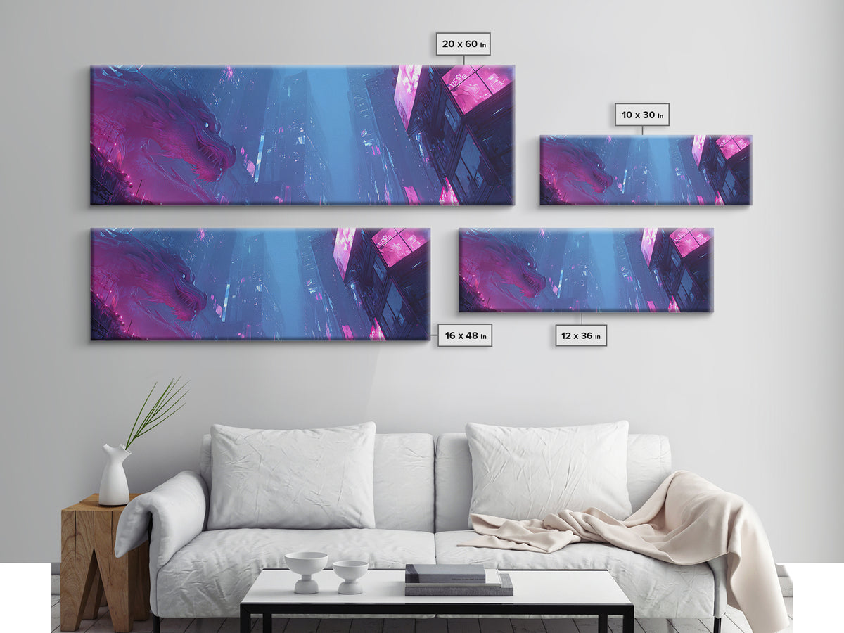 Neon Dragon Wrapped Around Skyscraper Shapes Canvas Print, Cyberpunk Art, Art Print, Living Room Decor, Abstract Art, Neon, CYB-3x1-30
