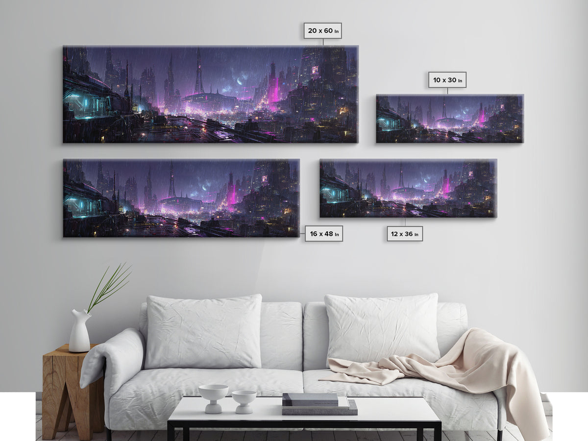 Dystopian Moon over Dense Rooftops Canvas Print, Cyberpunk Art, Canvas Wall Art, Living Room Decor, Abstract Art, Neon, CYB-3x1-34