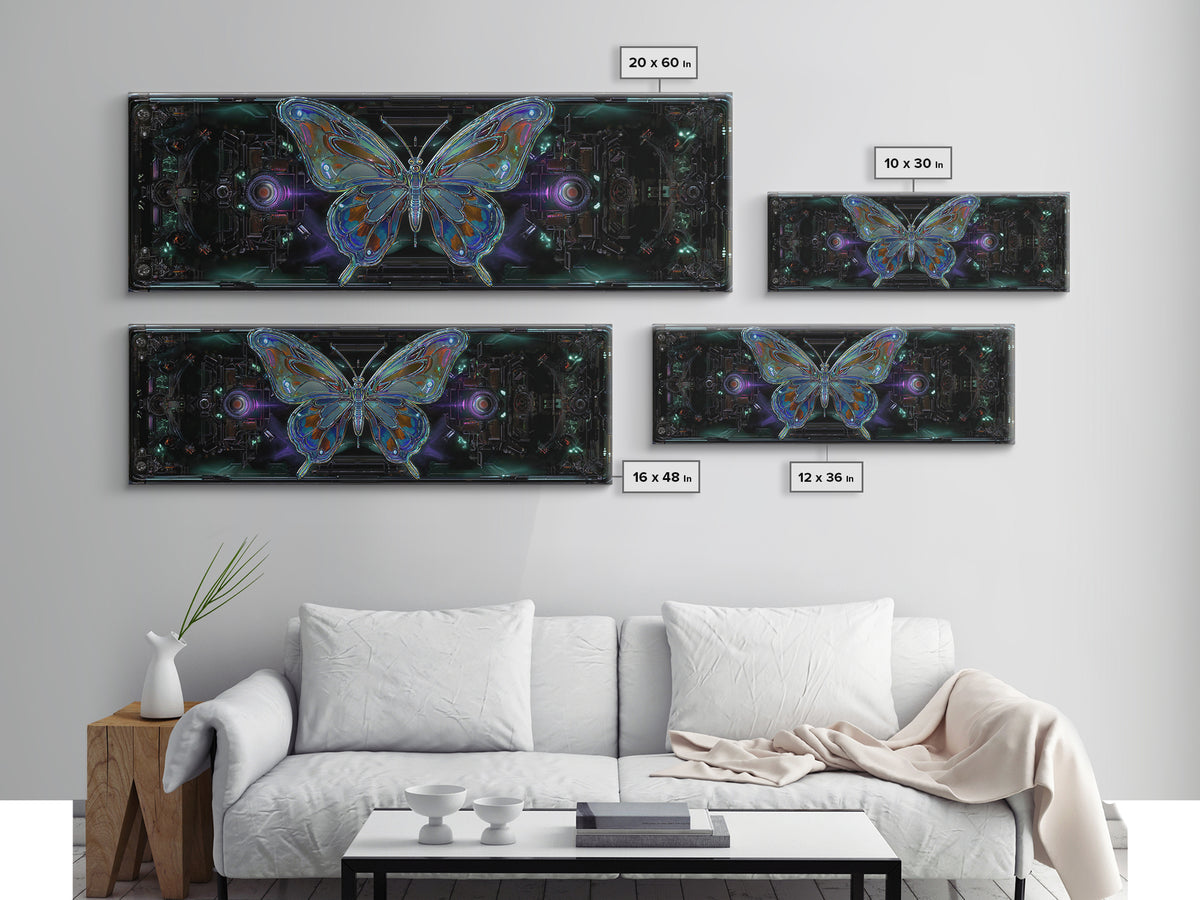 Holographic Butterfly over Black Metal Surface Canvas Print, Cyberpunk Art, Minimalist Decor, Living Room Decor, Fine Art, Neon, CYB-3x1-35