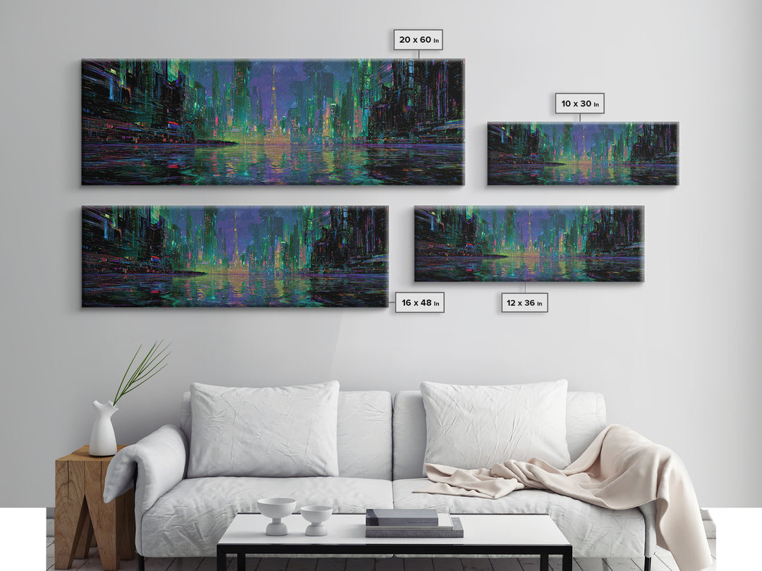 Neon Skyline Reflected Canvas Print, Cyberpunk Art, Abstract Art, Living Room Decor, Neon, Urban Wall Art, Cyberpunk Helmet, CYB-3x1-38