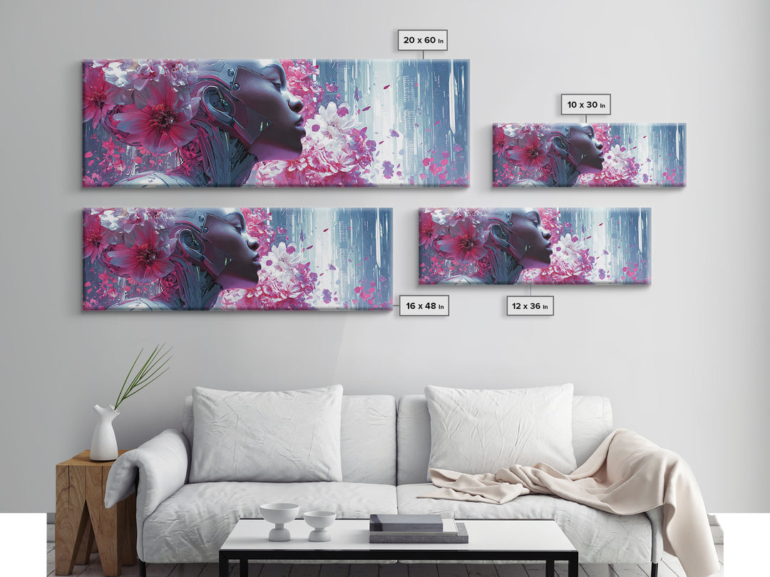 Android Woman with Glowing Circuitry and Flowers Canvas Print, Cyberpunk Art, Digital Art, Living Room Decor, Fine Art, Neon, CYB-3x1-43