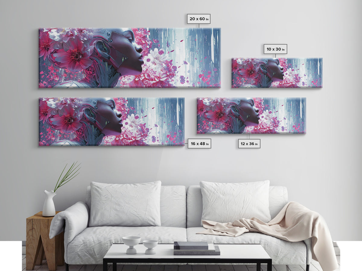 Android Woman with Glowing Circuitry and Flowers Canvas Print, Cyberpunk Art, Digital Art, Living Room Decor, Fine Art, Neon, CYB-3x1-43