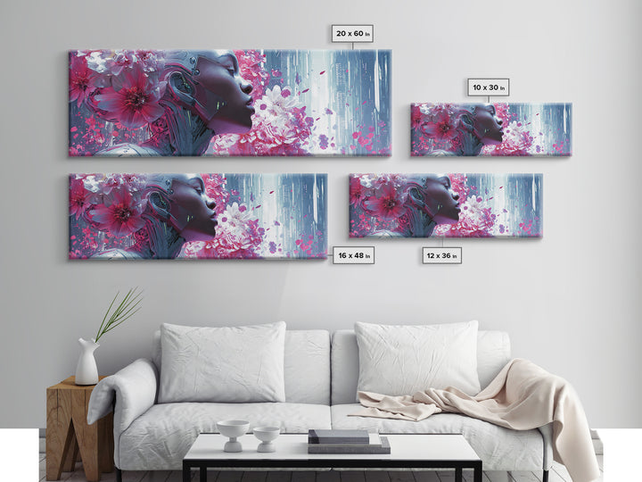 Android Woman with Glowing Circuitry and Flowers Canvas Print, Cyberpunk Art, Digital Art, Living Room Decor, Fine Art, Neon, CYB-3x1-43