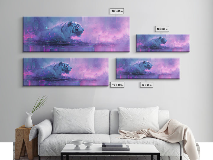 Neon Tiger Emerging from Digital Fog Canvas Print, Cyberpunk Art, Cyberpunk Helmet, Living Room Decor, Abstract Art, Neon, CYB-3x1-49