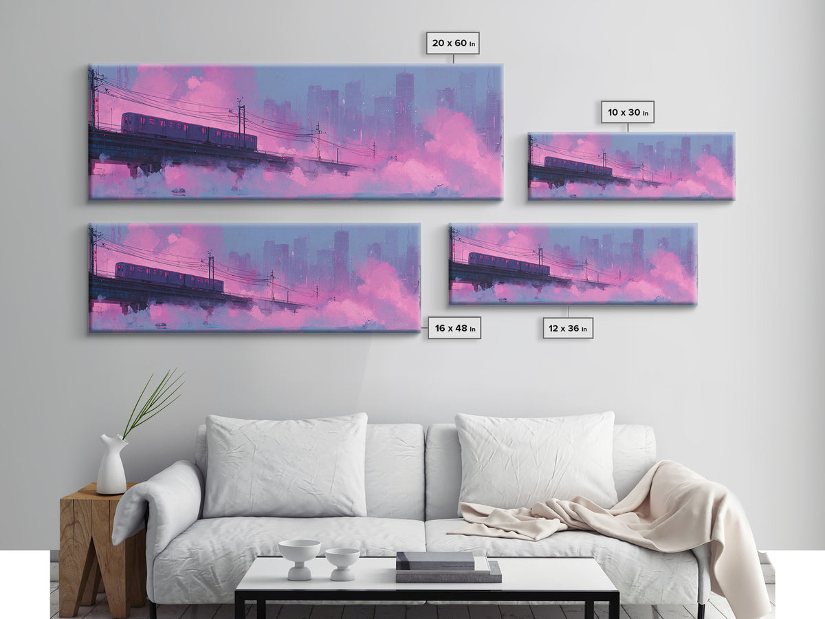 City Train Rushing Through Pink Electric Haze Framed Canvas Print, Cyberpunk Art, Japanese Art, Living Room Decor, CYB-3x1-5