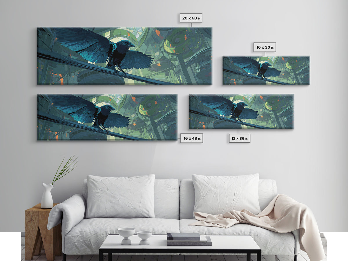 Cybernetic Raven Perched on a Cable Framed Canvas Print, Cyberpunk Art, Cyberpunk 2077, Living Room Decor, Fine Art, Neon, CYB-3x1-51