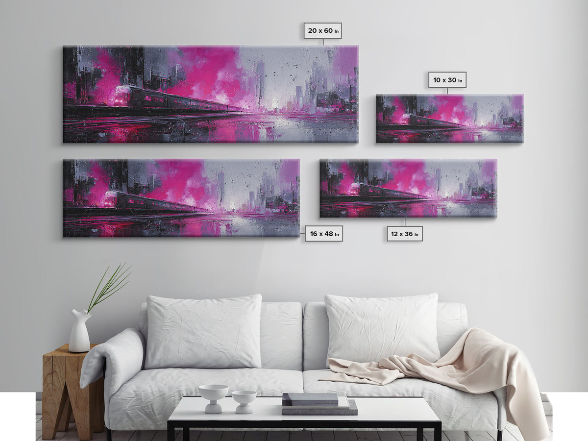 City Train Rushing Through Pink Electric Haze Framed Canvas Print, Cyberpunk Art, Minimalist Poster, Living Room Decor, Neon, CYB-3x1-53