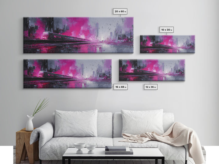 City Train Rushing Through Pink Electric Haze Framed Canvas Print, Cyberpunk Art, Minimalist Poster, Living Room Decor, Neon, CYB-3x1-53