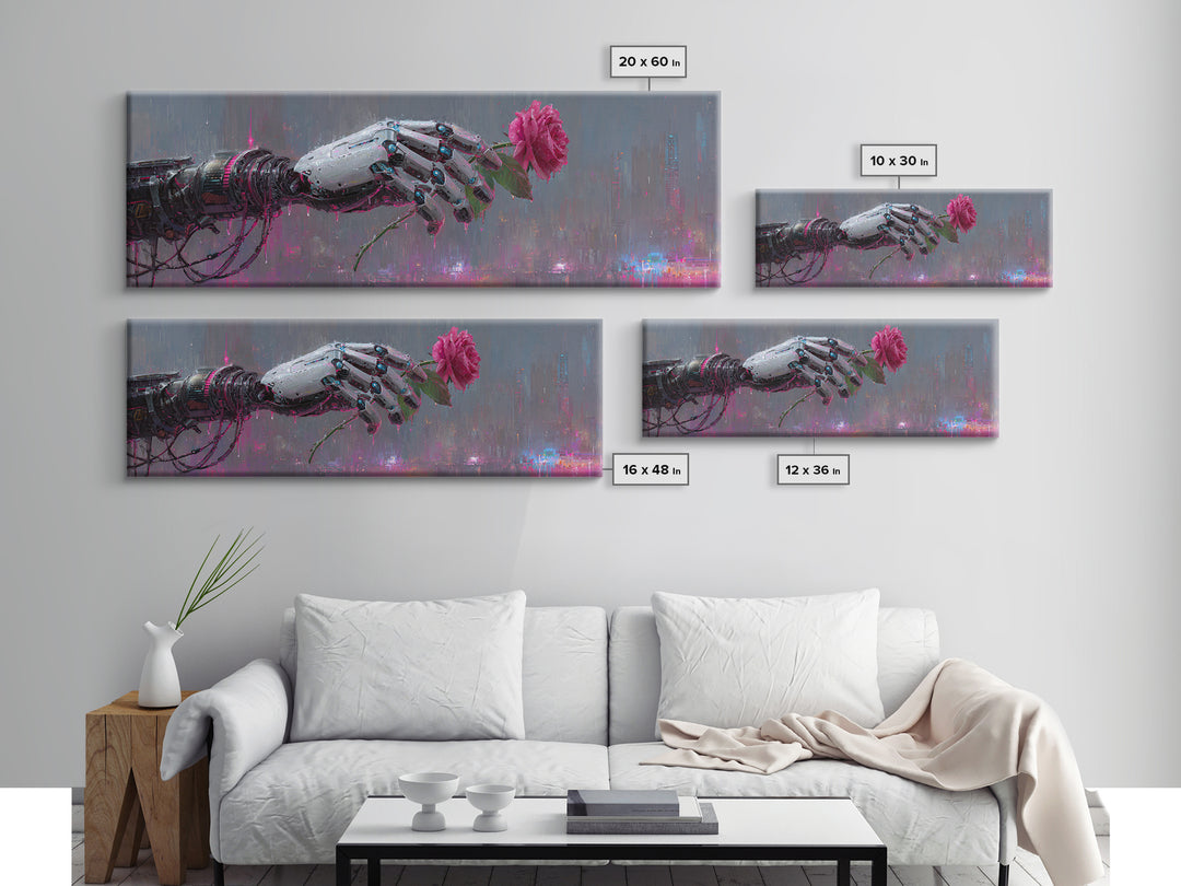 Robotic Hand Holding a Real Rose Framed Canvas Print, Cyberpunk Art, Minimalist Decor, Living Room Decor, Fine Art, Neon, CYB-3x1-56