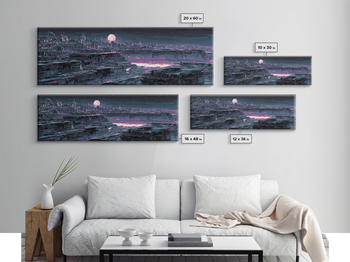Dystopian Moon over Dense Rooftops Framed Canvas Print, Cyberpunk Art, Blue Wall Art, Living Room Decor, Fine Art, Neon, CYB-3x1-58