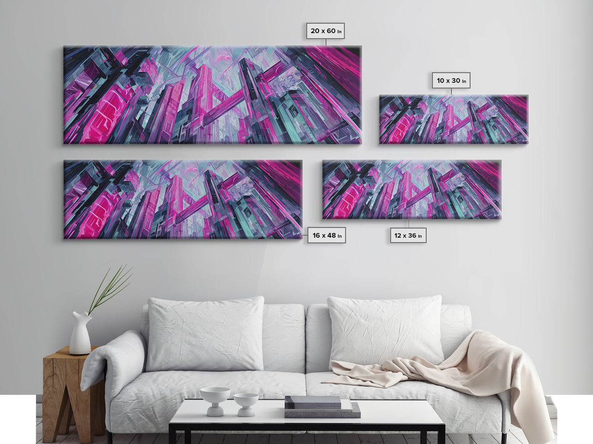 Neon Dragon Wrapped Around Skyscraper Shapes Canvas Print, Cyberpunk Art, Urban Wall Art, Living Room Decor, Abstract Art, Neon, CYB-3x1-6