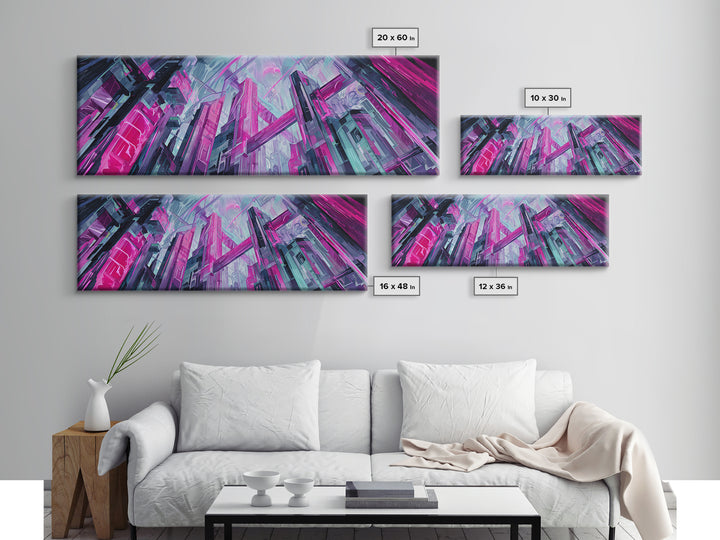 Neon Dragon Wrapped Around Skyscraper Shapes Canvas Print, Cyberpunk Art, Urban Wall Art, Living Room Decor, Abstract Art, Neon, CYB-3x1-6