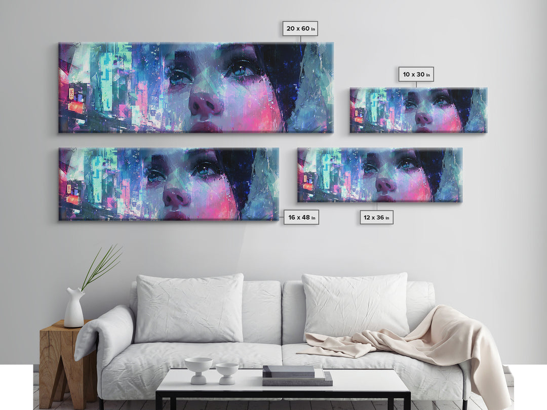 Ai Mask Portrait Framed Canvas Print, Cyberpunk Art, Luxury Decor, Living Room Decor, Fine Art, Neon, Printable Wall Art, CYB-3x1-64